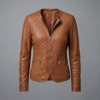 Women's Tan Collarless Quilted Leather Jacket