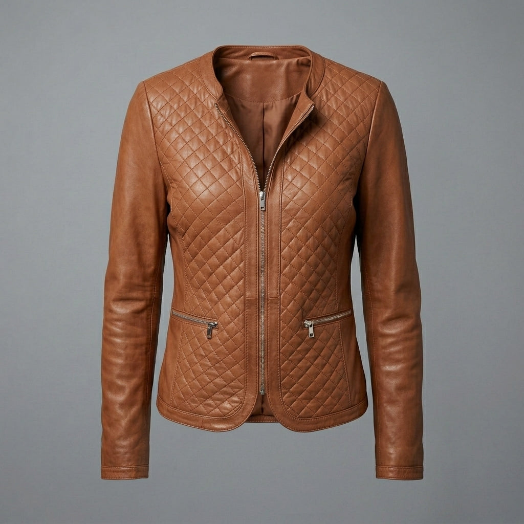 Women's Tan Collarless Quilted Leather Jacket