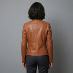 Women's Tan Collarless Quilted Leather Jacket