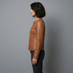 Women's Tan Collarless Quilted Leather Jacket
