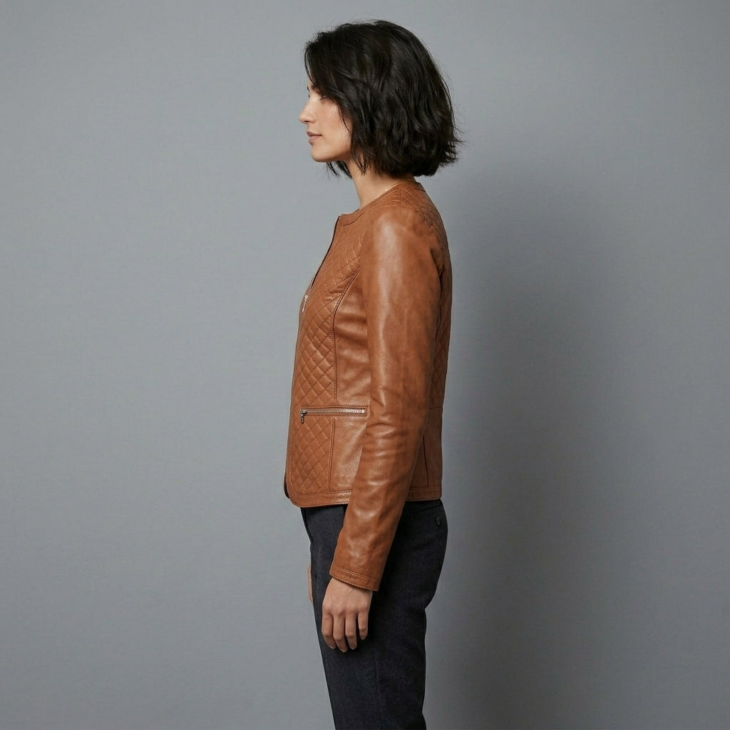 Women's Tan Collarless Quilted Leather Jacket