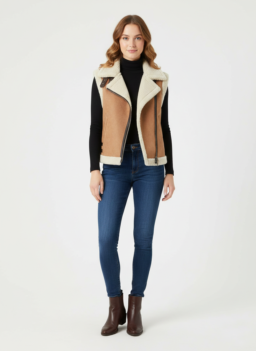 Women’s Tan Suede Shearling Aviator Vest