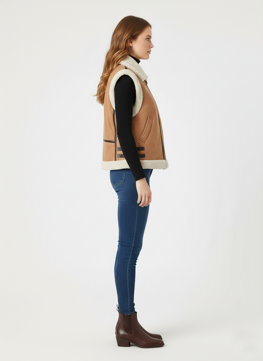 Women’s Tan Suede Shearling Aviator Vest