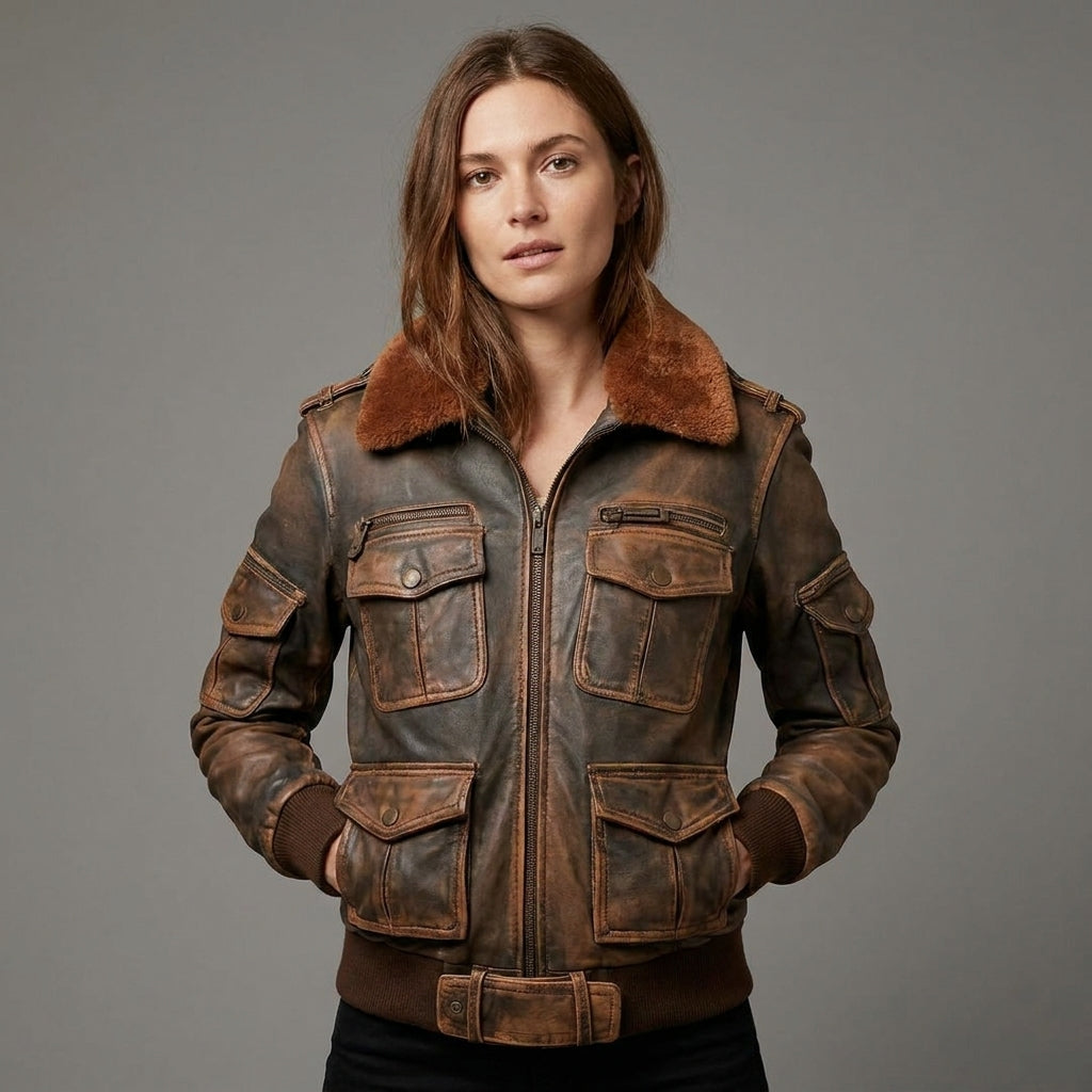 Women’s Vintage Distressed Brown Leather Bomber Jacket