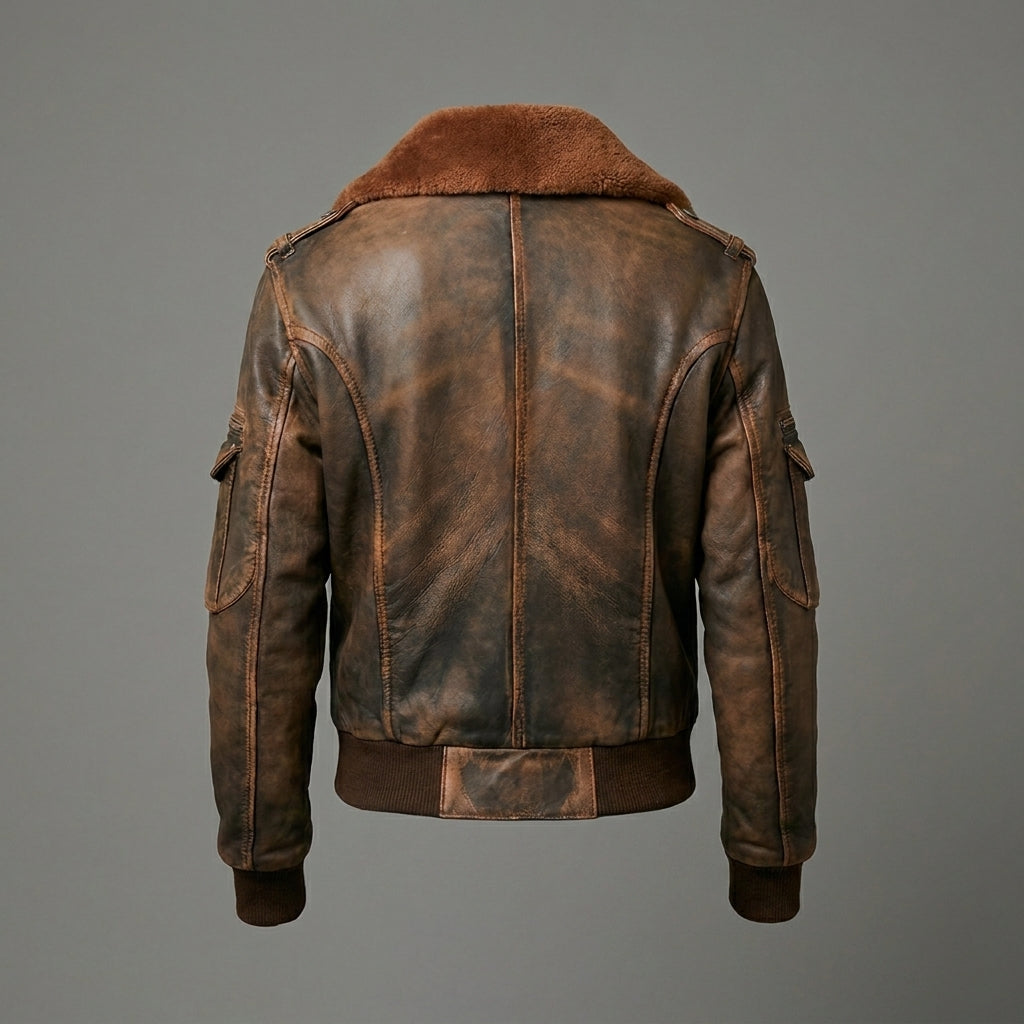 Women’s Vintage Distressed Brown Leather Bomber Jacket
