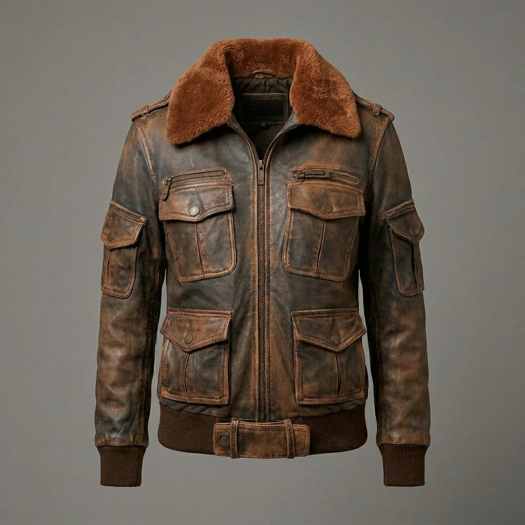 Women’s Vintage Distressed Brown Leather Bomber Jacket