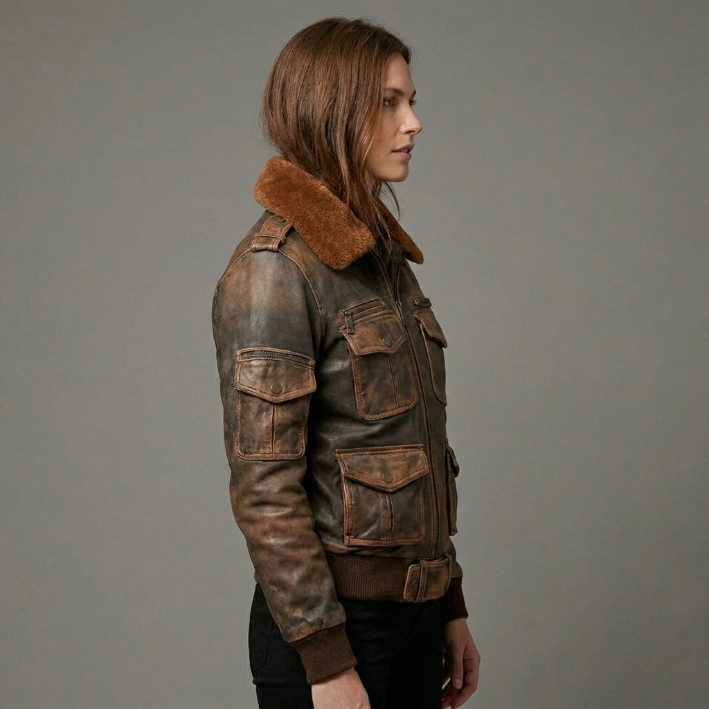 Women’s Vintage Distressed Brown Leather Bomber Jacket