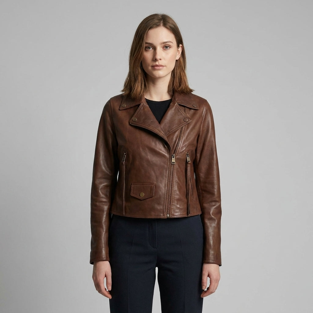 Women’s Vintage Tan Classic Biker Leather Jacket