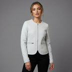 Women's White Quilted Collarless Leather Jacket