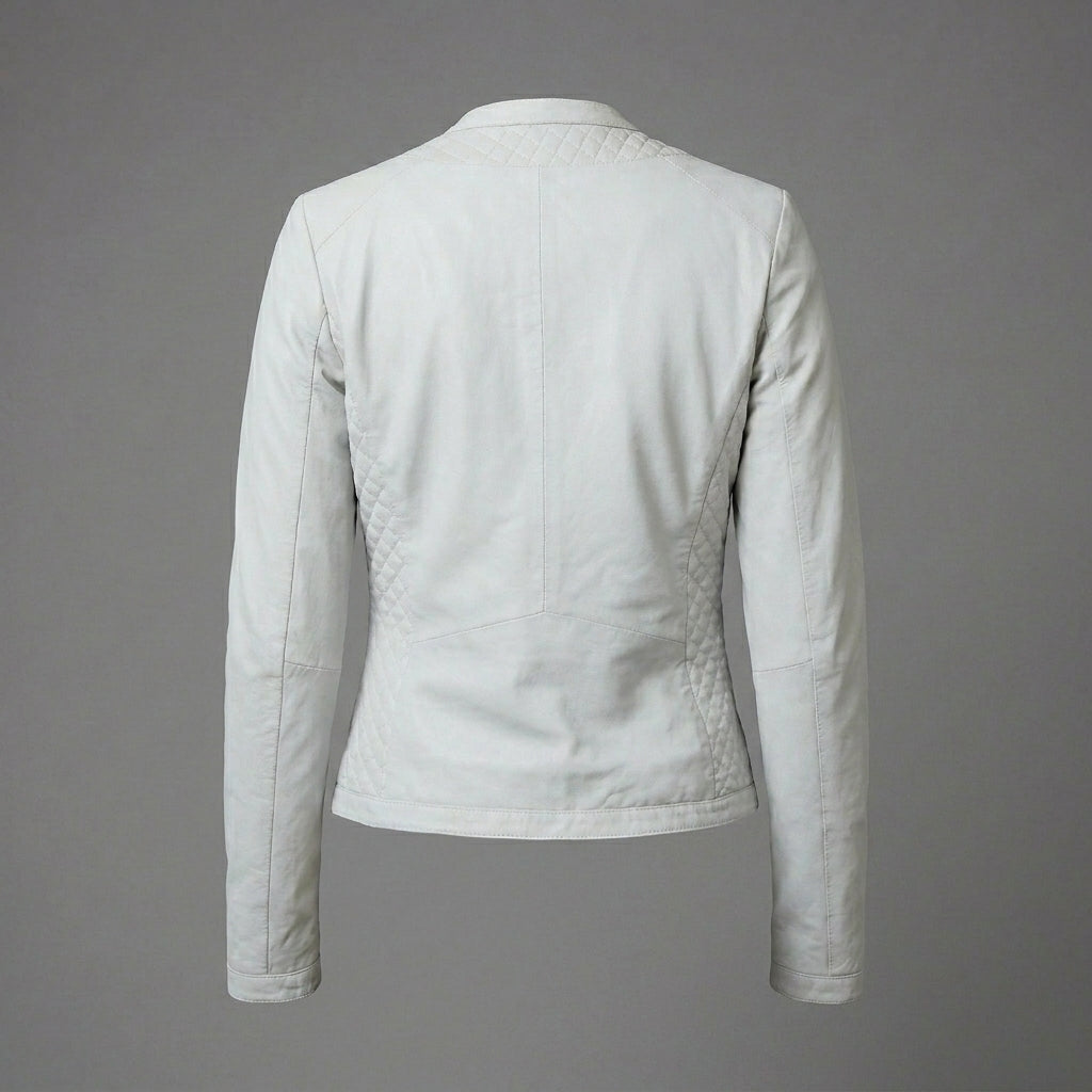Women's White Quilted Collarless Leather Jacket