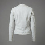 Women's White Quilted Collarless Leather Jacket