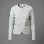 Women's White Quilted Collarless Leather Jacket