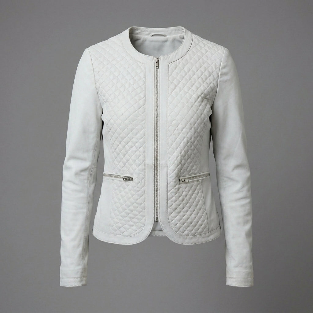 Women's White Quilted Collarless Leather Jacket