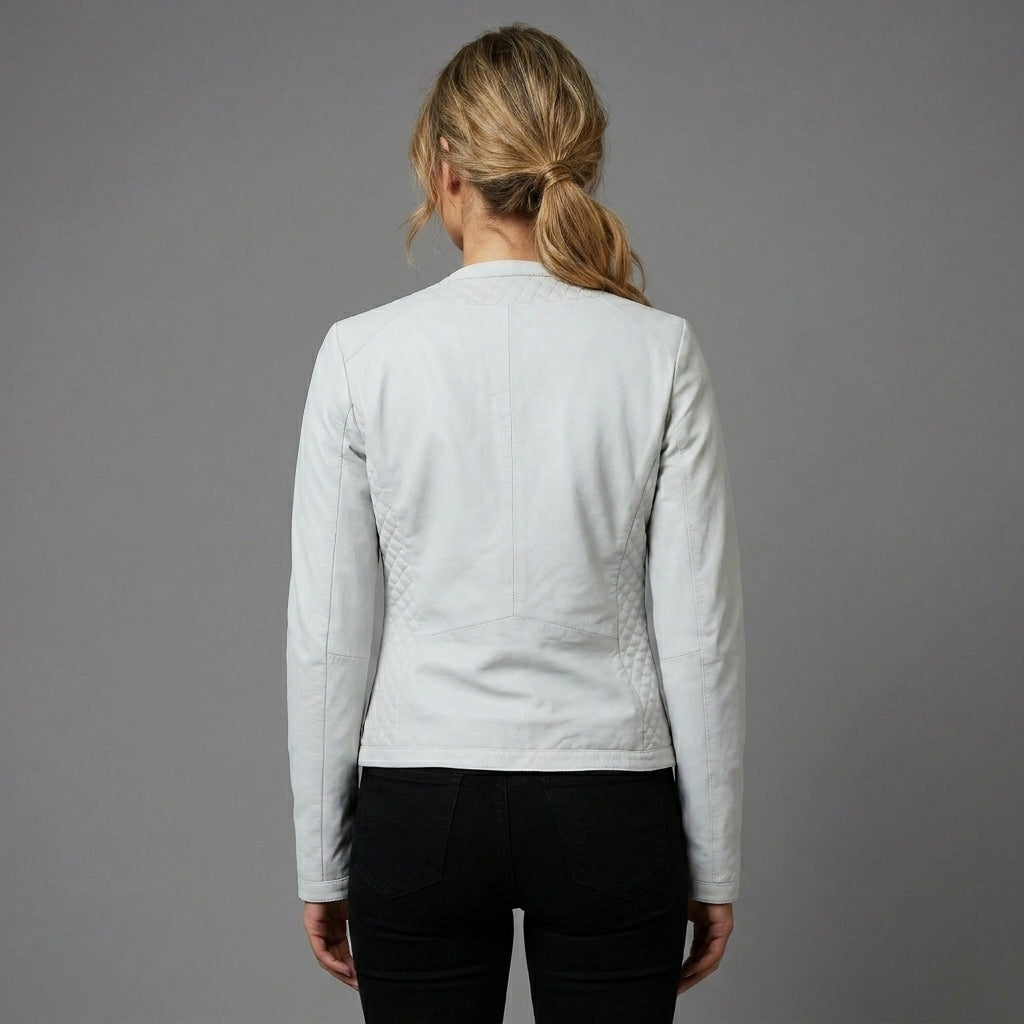 Women's White Quilted Collarless Leather Jacket