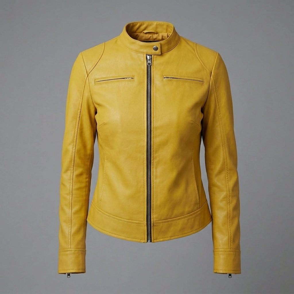 Women’s Yellow Cafe Racer Leather Jacket