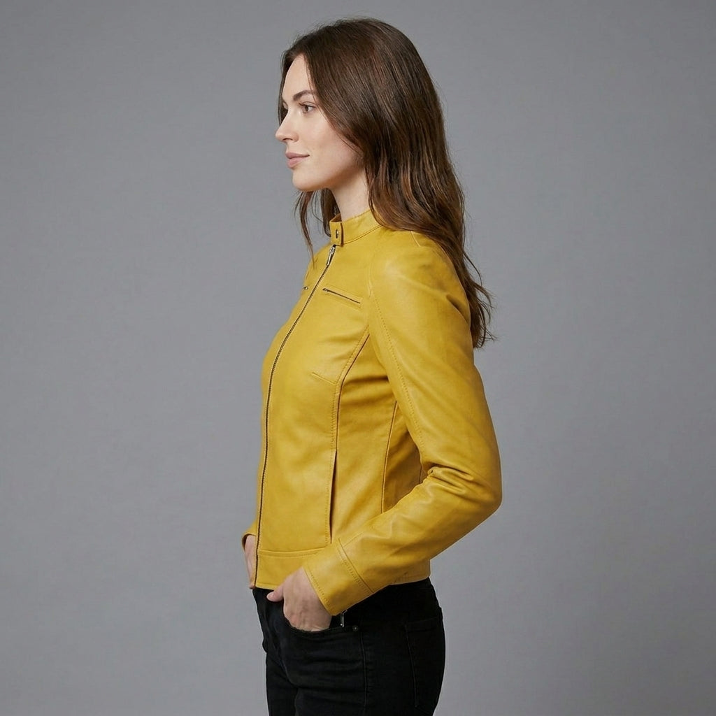 Women’s Yellow Cafe Racer Leather Jacket