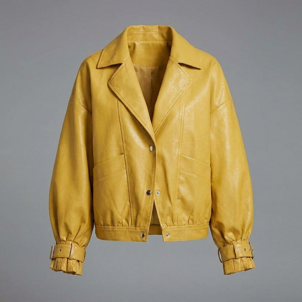 Women’s Yellow Oversized Sheepskin Bomber Leather Jacket