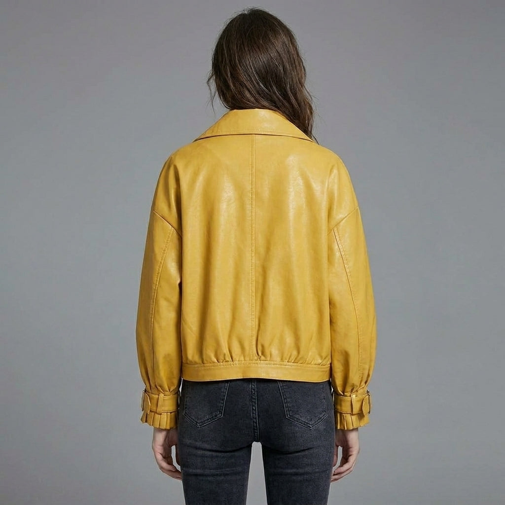 Women’s Yellow Oversized Sheepskin Bomber Leather Jacket