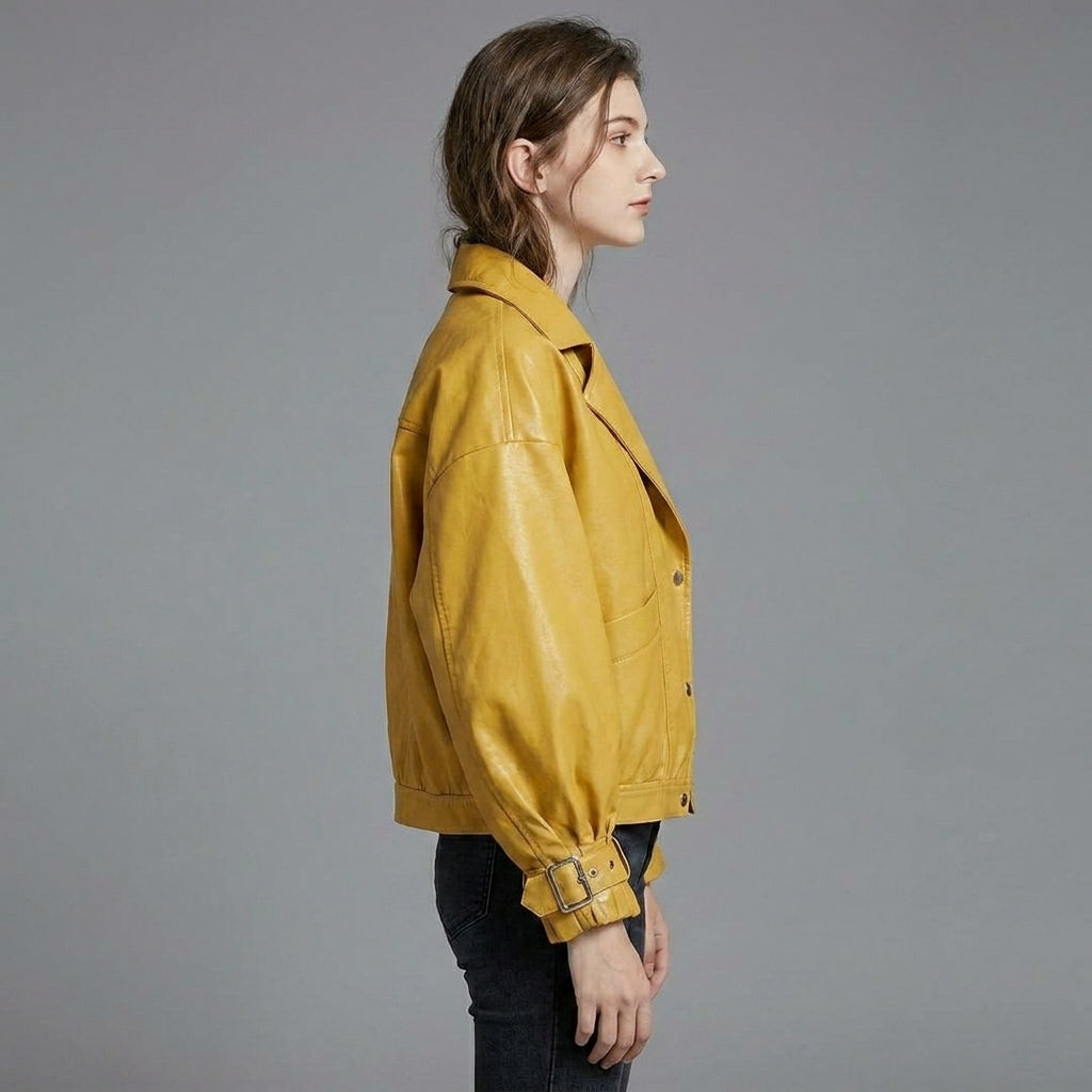 Women’s Yellow Oversized Sheepskin Bomber Leather Jacket