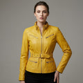 Women’s Yellow Slim Fit Lambskin Belted Biker Jacket