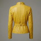 Women’s Yellow Slim Fit Lambskin Belted Biker Jacket