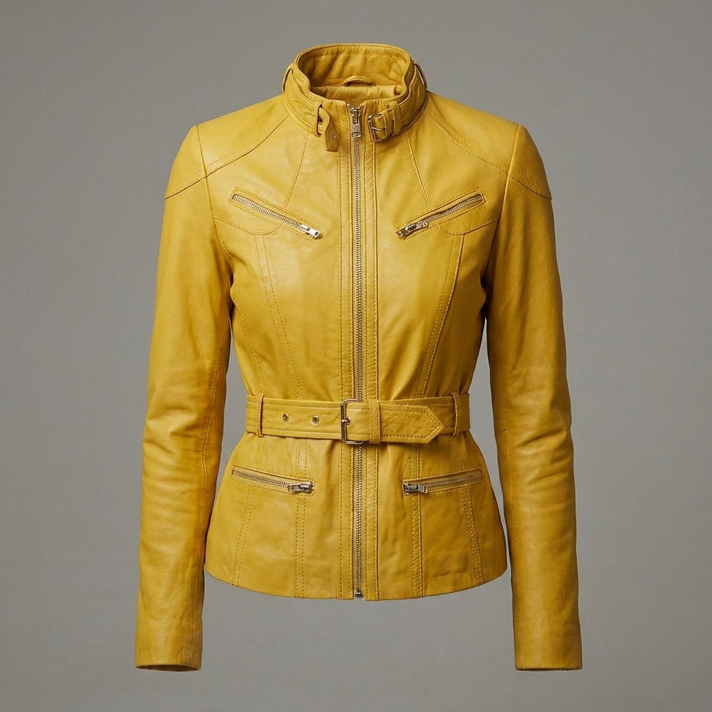 Women’s Yellow Slim Fit Lambskin Belted Biker Jacket