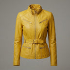 Women’s Yellow Slim Fit Lambskin Belted Biker Jacket