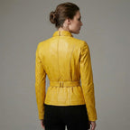 Women’s Yellow Slim Fit Lambskin Belted Biker Jacket