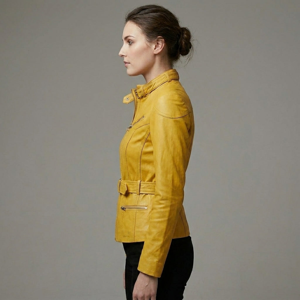Women’s Yellow Slim Fit Lambskin Belted Biker Jacket