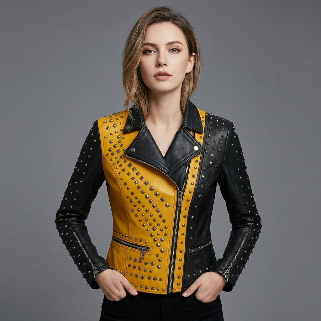 Women’s Yellow & Black Studded Biker Leather Jacket