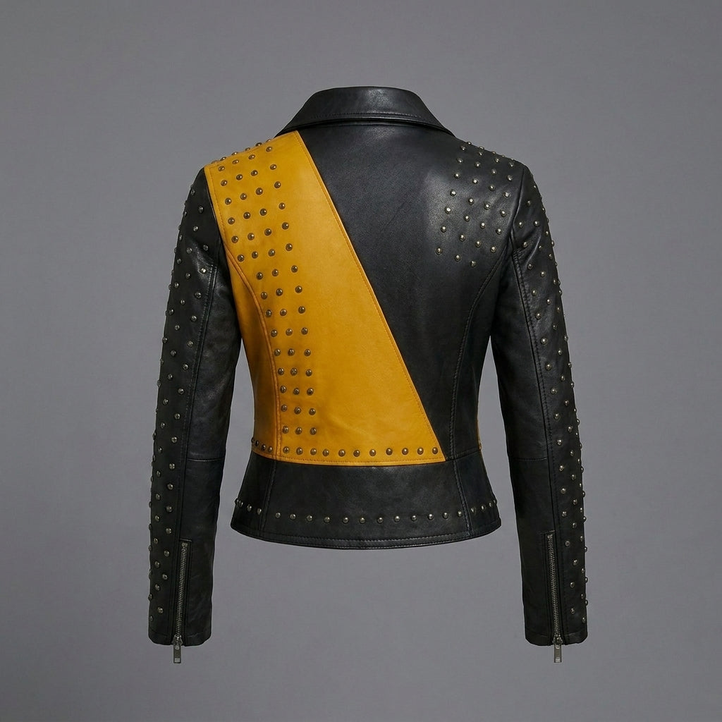 Women’s Yellow & Black Studded Biker Leather Jacket