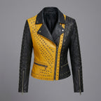 Women’s Yellow & Black Studded Biker Leather Jacket