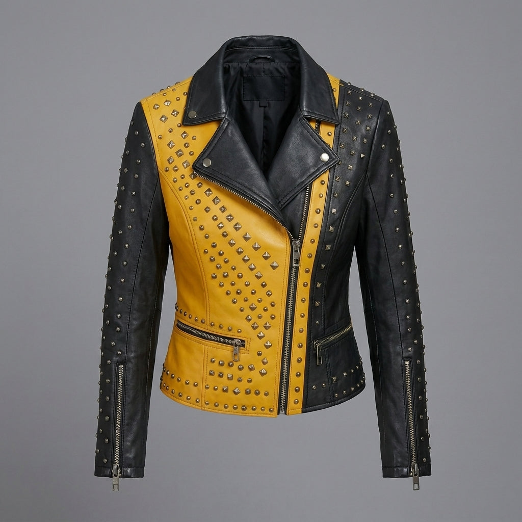 Women’s Yellow & Black Studded Biker Leather Jacket