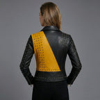 Women’s Yellow & Black Studded Biker Leather Jacket