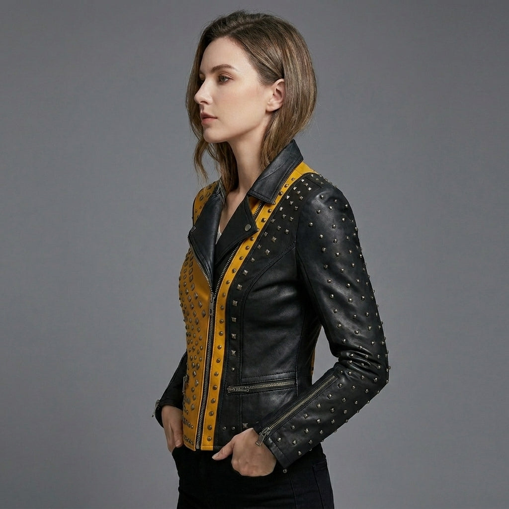 Women’s Yellow & Black Studded Biker Leather Jacket