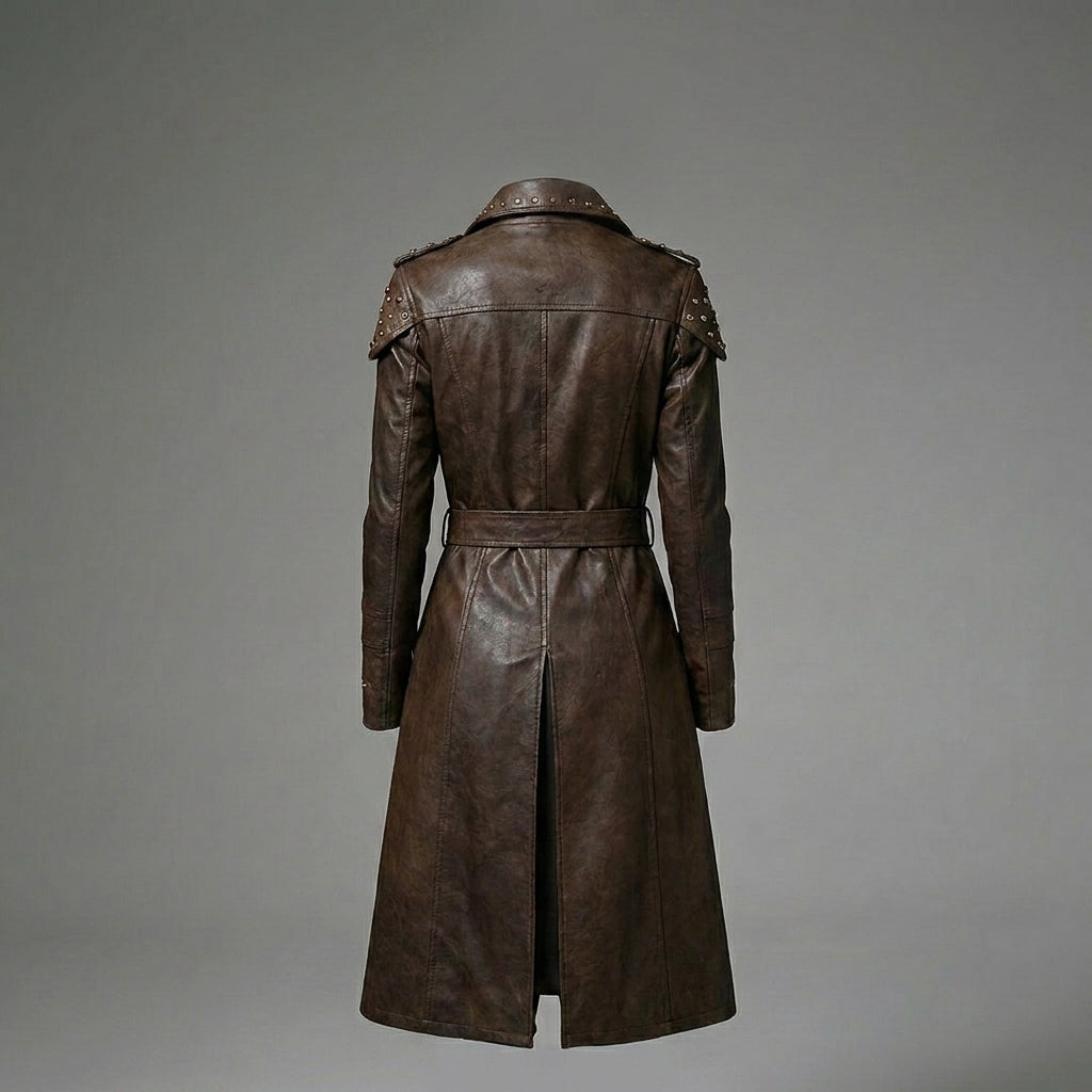 Women’s Brown Studded Faux Leather Trench Coat – Longline Belted Streetwear Jacket