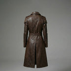 Women’s Brown Studded Faux Leather Trench Coat – Longline Belted Streetwear Jacket
