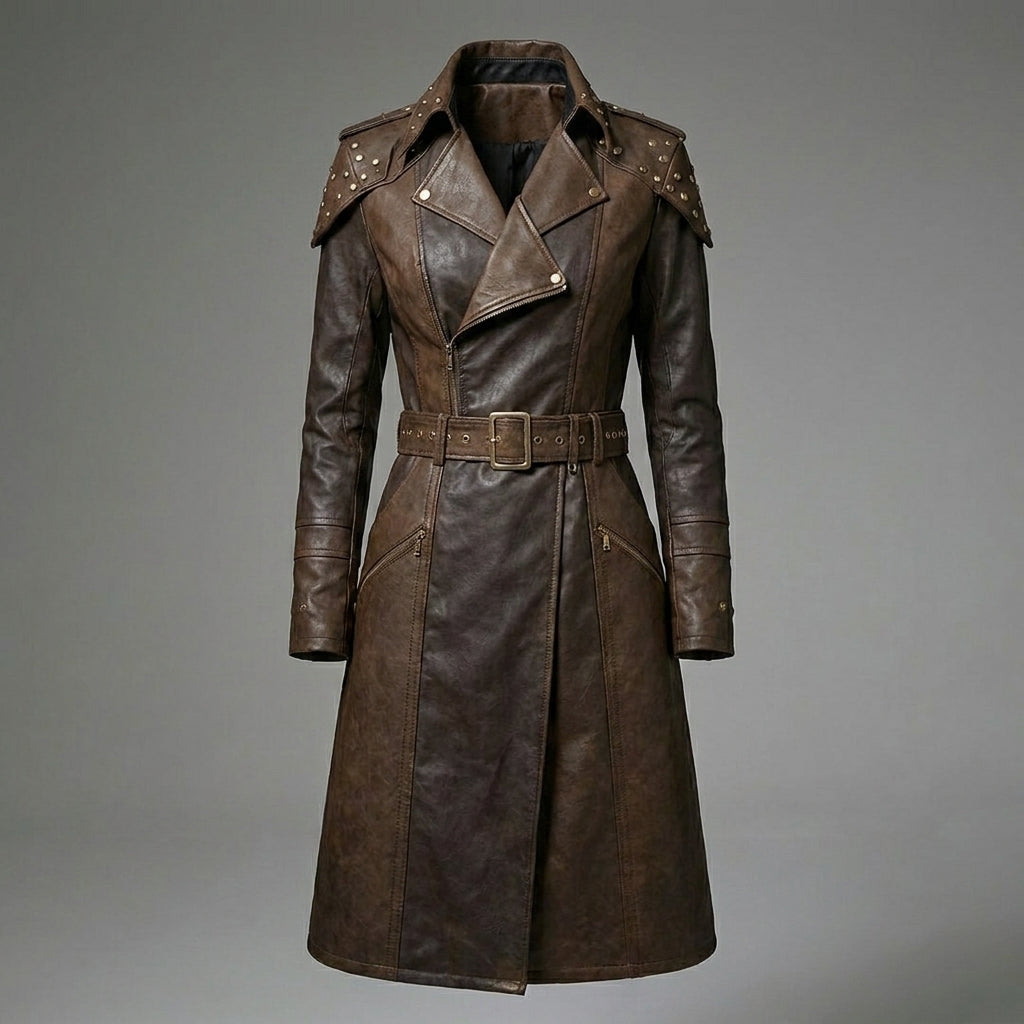 Women’s Brown Studded Faux Leather Trench Coat – Longline Belted Streetwear Jacket