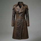 Women’s Brown Studded Faux Leather Trench Coat – Longline Belted Streetwear Jacket
