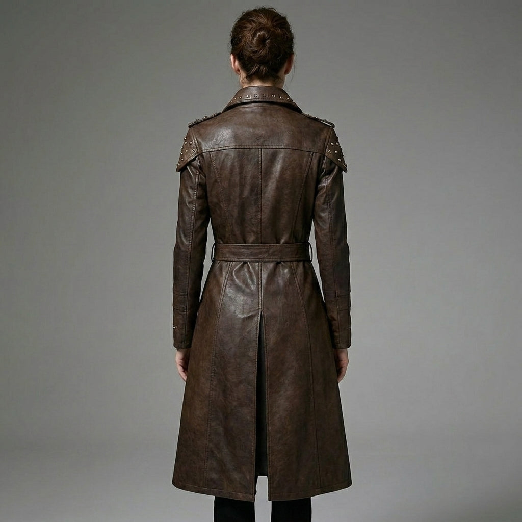 Women’s Brown Studded Faux Leather Trench Coat – Longline Belted Streetwear Jacket