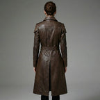 Women’s Brown Studded Faux Leather Trench Coat – Longline Belted Streetwear Jacket