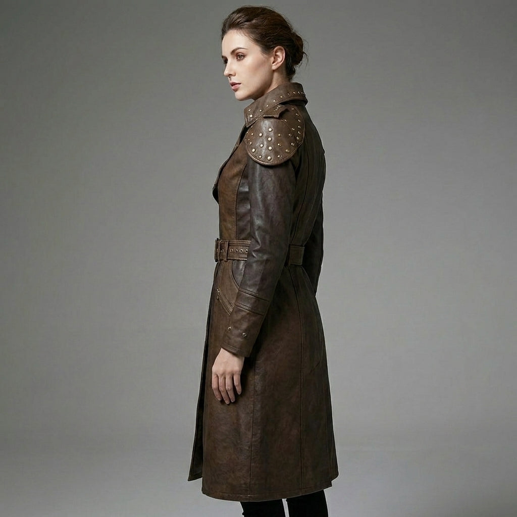 Women’s Brown Studded Faux Leather Trench Coat – Longline Belted Streetwear Jacket