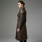 Women’s Brown Studded Faux Leather Trench Coat – Longline Belted Streetwear Jacket