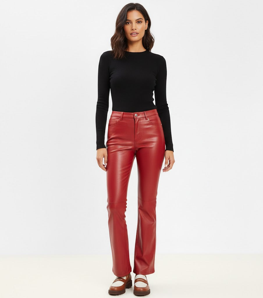 Women’s Red Faux Leather Flared Pants