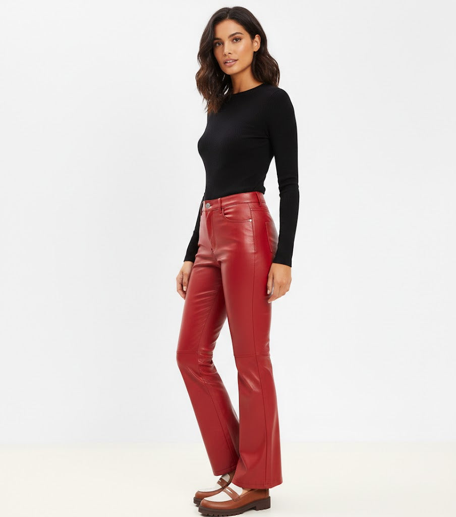 Women’s Red Faux Leather Flared Pants