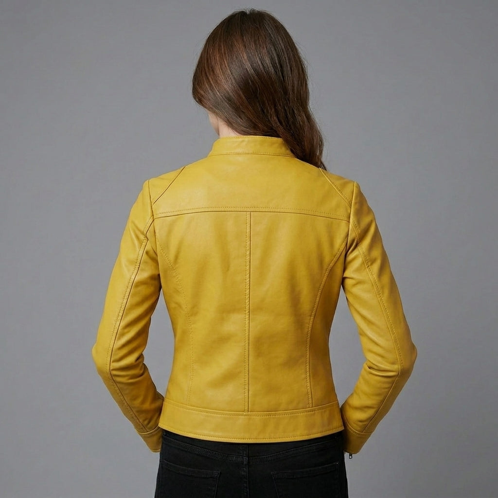 Women’s Yellow Cafe Racer Leather Jacket