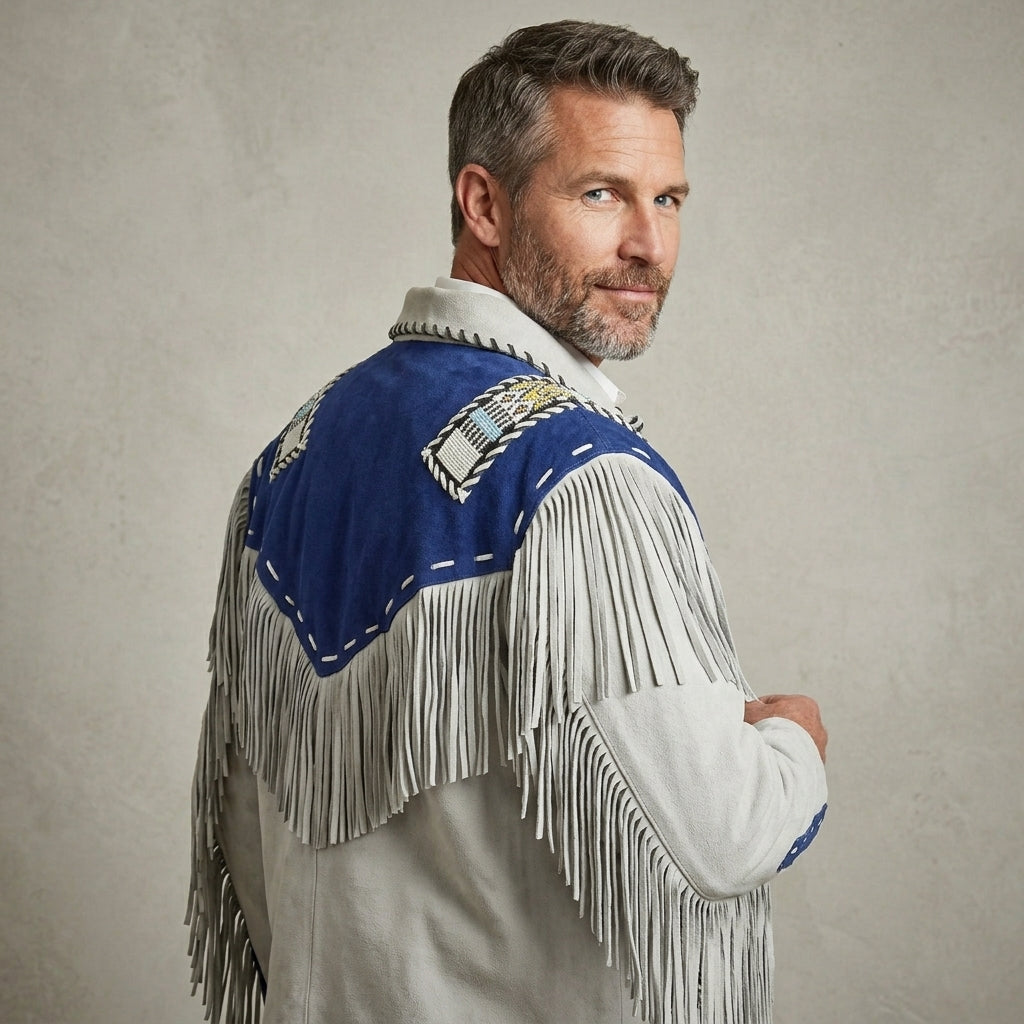 Men’s White & Blue Suede Cowboy Leather Jacket