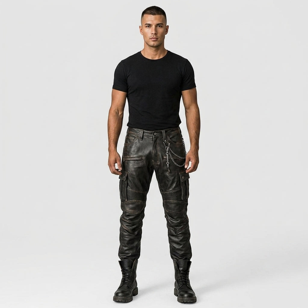 Men’s Black Sheepskin Leather Cargo Biker Pants