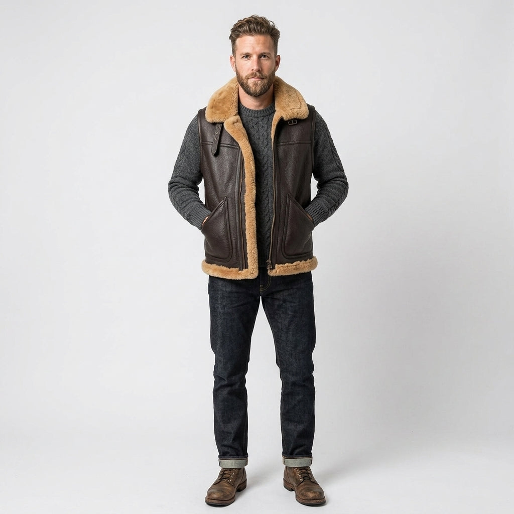 Men’s Black Leather Sheepskin Gilet Vest – Shearling Winter Style