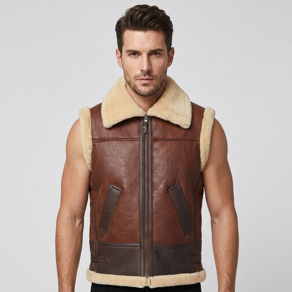 Men’s Brown Shearling Leather Vest – Premium Sheepskin Winter Gilet